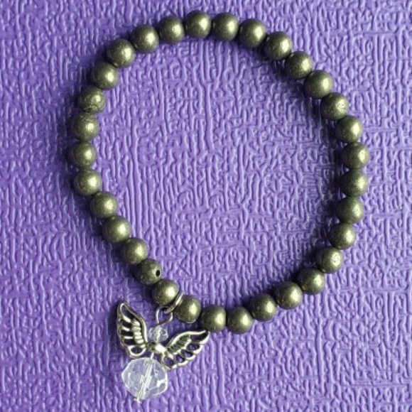 Natural Gemstone "Pyrite" Healing Bracelet with clear bead Angel Charm - Picture 2 of 3